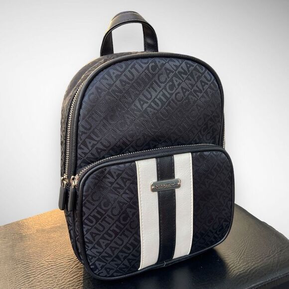 NWT Nautica Jacquard Logo Sport Striped Black & White Backpack Size Medium - Picture 17 of 17